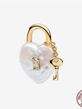 Heart Lock Charm Pendant in Gold and Mother of Pearl
